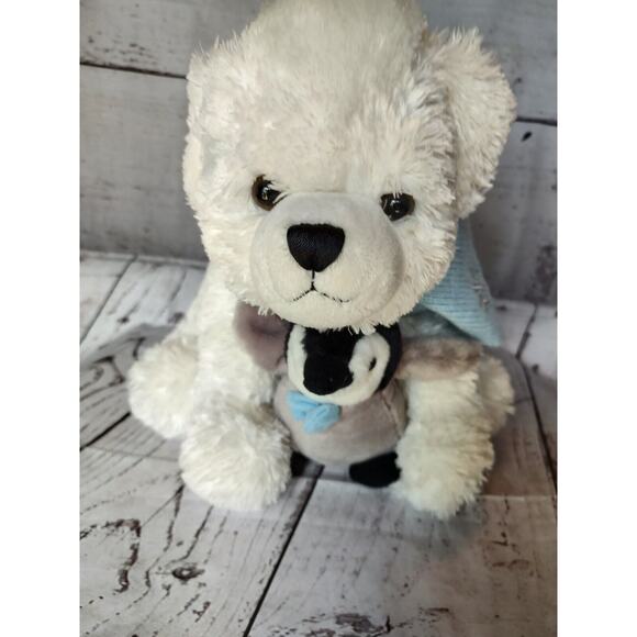Polar Bear Plush Holding Penguin White With Blue Scarf The Bearington Collection - Picture 3 of 10